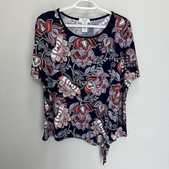 Rue Juju | Blue Red Textured Floral Tie Waist Stretchy Short Sleeve Top Petite M - Picture 2 of 5